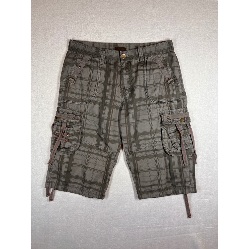 Third Eye Mens Plaid Cargo Shorts Olive Green Utility Grunge Y2K Cotton Size 34